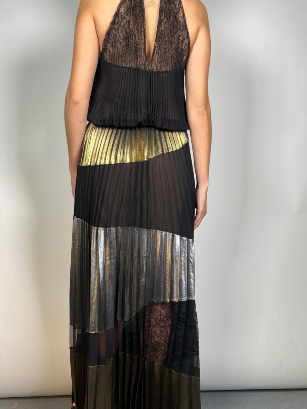BCBGMaxAzria Black Maxi Dress with Gold and Silver Panels